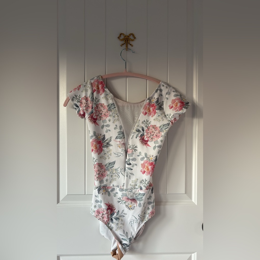 Eleve Dancewear White Floral Leotard with Pink Roses